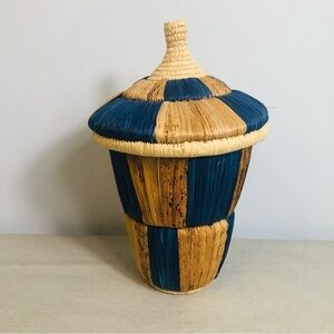 Alaskan Inuit or Yupik Coiled Beach Grass Knob-Top Baskets Blue Accent